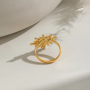 Nahaufnahme eines vergoldeten Edelstahlsonnenrings auf neutralem Hintergrund