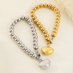 Bracelet à Perles Rondes en Acier Inoxydable de Style Européen Plaqué Or 18K Pendentif Cœur Géométrique Bijoux pour Femmes