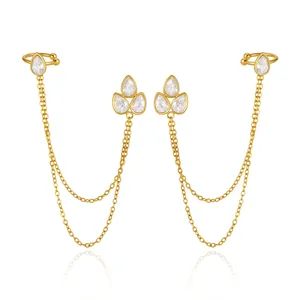 18K gold plated stainless steel teardrop zirconia tassel ear cuff earrings