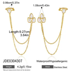 Detailed view of gold-plated teardrop CZ earrings featuring chain tassel and ear cuff.