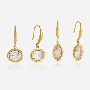 Élégantes Boucles d'Oreilles Crochet en Acier Inoxydable avec Zirconia pour Femmes Plaqué Or Rondes Marquise Bijoux de Luxe