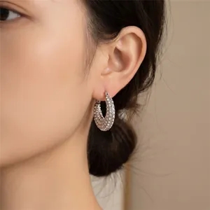 Détail de boucles d'oreilles créoles ovales en acier inoxydable avec pavé de cristaux