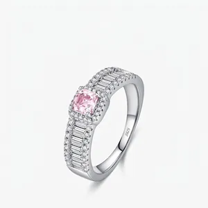 Anillo de Moissanita de Plata de Ley 925 de Lujo Para Mujer Rosa Claro Corte Asscher Piedras Laterales Baguette Certificado GRA Joyería