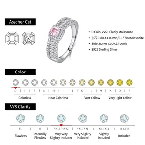 Anillo de plata S925 con moissanita rosa claro de 0,4 ct y piedras laterales