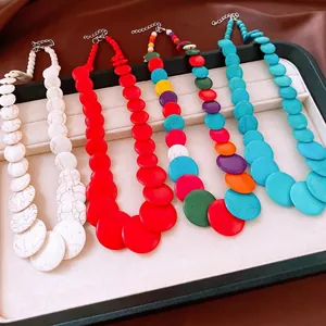 Statement Bohemian Stone Beaded Necklace Large Round Geometric Marble Pattern Collar Choker For Women Fashion Jewelry Neckwear