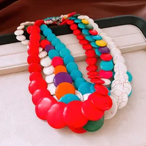 Exaggerated luxury colorful stone beaded necklace with multi-layer round flat beads
