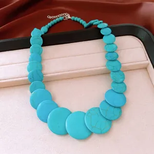 Bohemian chunky turquoise round flat stone beaded statement necklace for women