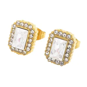 Boucles d'oreilles dorées en acier avec zircon blanc rectangulaire et cristaux brillants