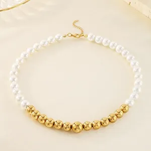 Collana Patchwork in Perla Artificiale e Grani di Metallo in Acciaio Inossidabile Francese Choker Regolabile da Donna