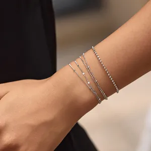 Minimalist S925 sterling silver thin link chain bracelets for women, stacked jewelry set