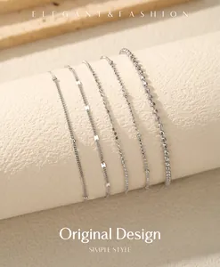 Selection of five minimalist S925 silver fine chain bracelets for delicate stacking