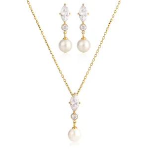 Elegantes 18K vergoldetes Schmuckset mit Marquise-Zirkonia und weißen Glasperlen