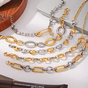 Detail showing various two-tone stainless steel bracelets with geometric links and charms