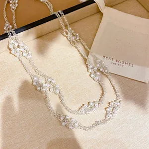 Elegant French vintage multi-layer pearl and glass beaded necklace with gift pouch