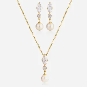 18K Vergoldeter Edelstahl Schmuck Marquise Zirkonia Künstliche Perle Anhänger Halskette Ohrstecker Damen Designer Schmuck