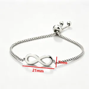 Close-up of infinity symbol bracelet with dimension markings 21mm by 7mm