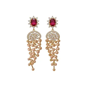 Elegant 18k gold plated drop earrings with red zircon gemstones and pearl tassel design