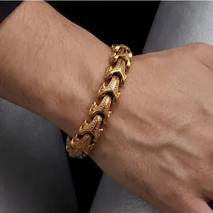Punk style men's gold plated stainless steel keel chain bracelet with vintage dragon bone design
