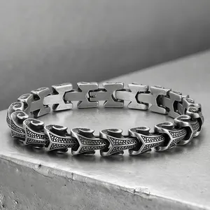 Punk style stainless steel bone chain bracelet for men with vintage relief carving