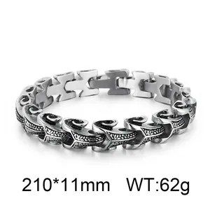 Detailed shot of punk stainless steel keel bracelet showing 210x11mm dimensions and 62g weight