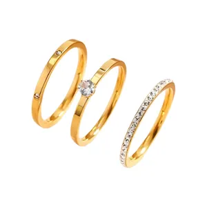 Elegant 3-piece gold-plated stainless steel ring set with sparkling zircon stones for women