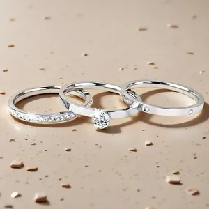Detail view of three silver stainless steel rings with zirconia stones on a beige surface.