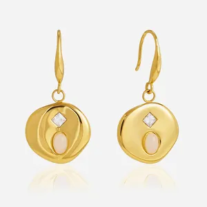 Vintage Stainless Steel Drop Earrings With Natural Stone Square Zirconia Irregular Hammered Metal Gold Plated Earrings For Women Jewelry