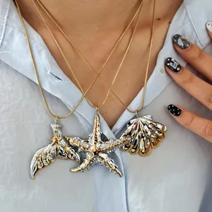 Detailed shot of ocean-themed necklaces featuring textured starfish and seashell pendants