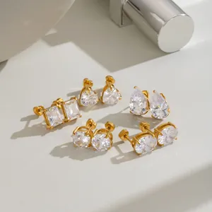 Stainless Steel 18K Gold Plated Zirconia Stud Earrings For Women Minimalist Geometric Heart Oval Round Pear Stud Earrings Jewelry