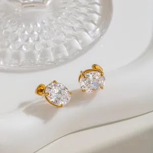 Close-up of elegant 18K gold plated stainless steel stud earrings with oval zircon