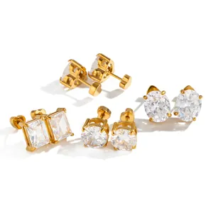 Set of four 18K gold plated stainless steel stud earrings with cubic zirconia stones