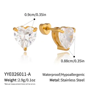 Detail of gold heart stud earrings in stainless steel with size and weight info