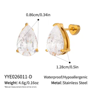 Detailed size guide for gold-plated pear-cut zirconia stud earrings in stainless steel.