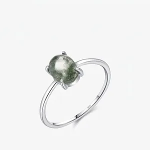 925 Sterling Silver Synthetic Moss Agate Ring For Women Minimalist Oval Gemstone Four Claw Inlaid Geometric Ring Jewelry