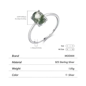 Elegant S925 sterling silver ring with synthetic moss agate stone and detailed dimensions
