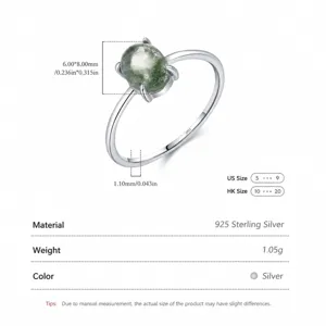 Elegant S925 sterling silver ring with synthetic moss agate stone and detailed dimensions