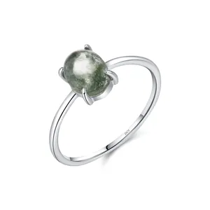 S925 sterling silver ring featuring an oval synthetic moss agate in a minimalist design.