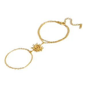 Bracelet bague soleil en acier inoxydable doré avec chaîne à double épaisseur pour femme