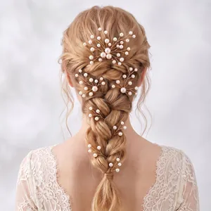 Vue détaillée du set d'épingles à cheveux en perles sur tresse de mariée.