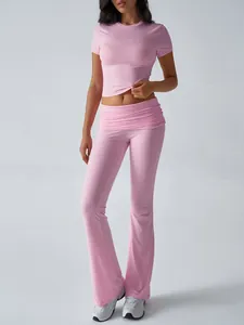 Women Short Sleeve T-Shirt And High Waist Flared Pants Slim Fit Solid Color Polyester Spandex Casual Yoga Outfit