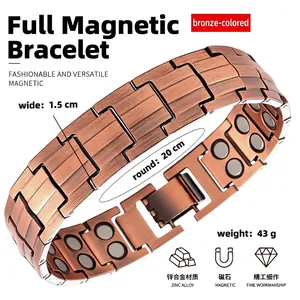 Vista dettagliata del bracciale magnetico color bronzo con dimensioni e info sulla lega