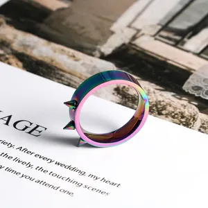 Close-up detail of a rainbow iridescent stainless steel spiked ring on a magazine page