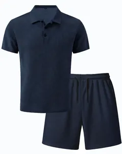 Men's navy blue waffle knit polo and shorts set featuring a breathable ice silk mesh texture