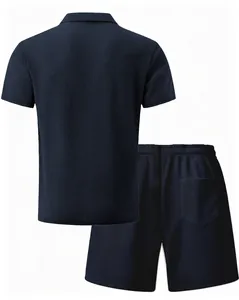 Back view of navy blue waffle-knit mesh polo shirt and shorts summer set for men