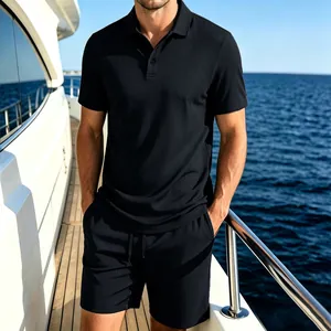 Premium black vertical textured men's ice silk polo shirt and shorts set on yacht deck