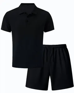 Detailed view of black ice silk mesh polo shirt and matching shorts set for men