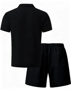 Detailed back view of men's premium black waffle knit polo shirt and matching shorts set