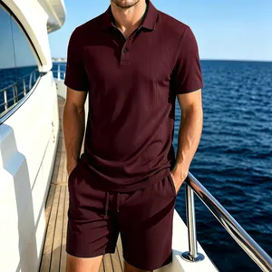 Men's dark burgundy mesh short sleeve Polo shirt and shorts set for summer resort wear