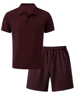 Men's summer burgundy waffle knit polo shirt and matching drawstring shorts set.