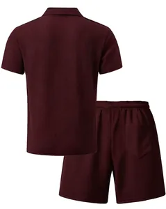 Back view detail of men's burgundy waffle knit polo shirt and matching shorts set
